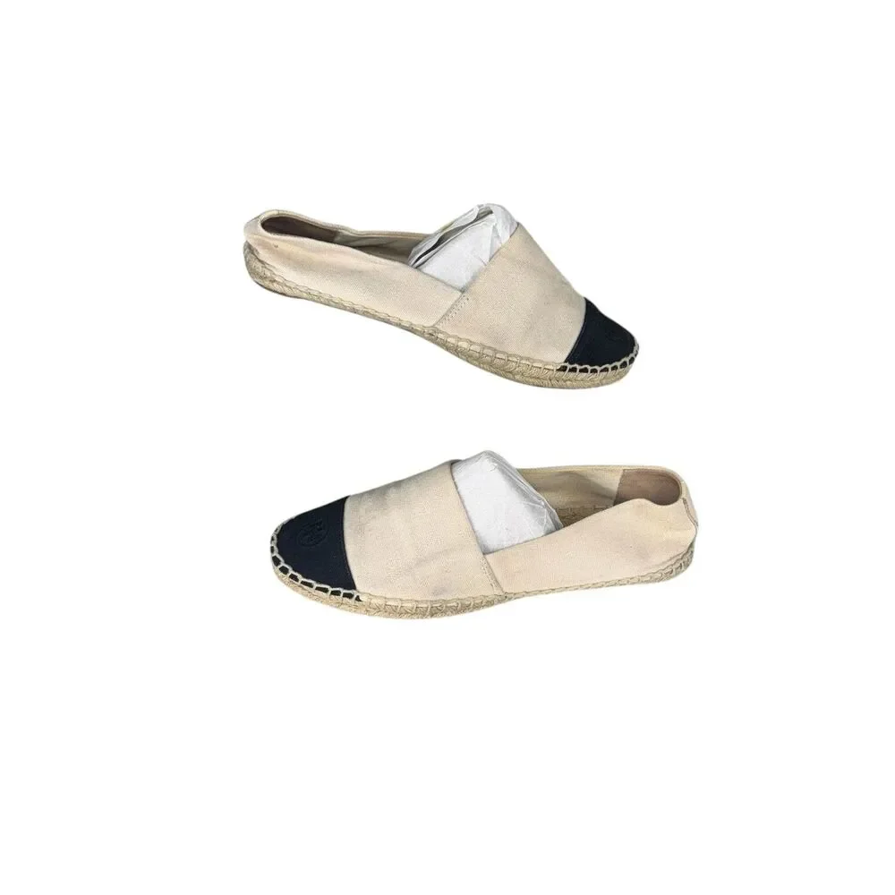 Tory Burch‎ Canvas Color Block Flat Espadrille size 10.5 Black And Tan